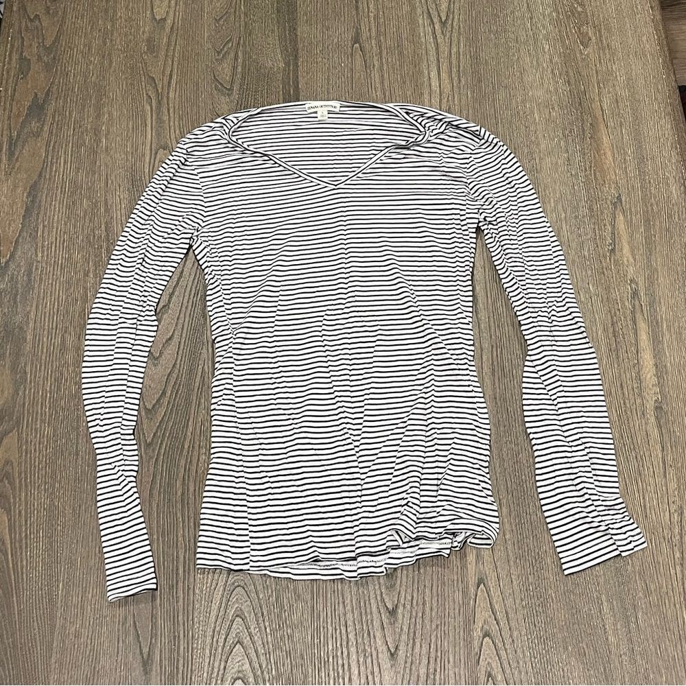 Zeanna Outfitters Black White Striped V-Neck Long Sleeve T-Shirt Size L